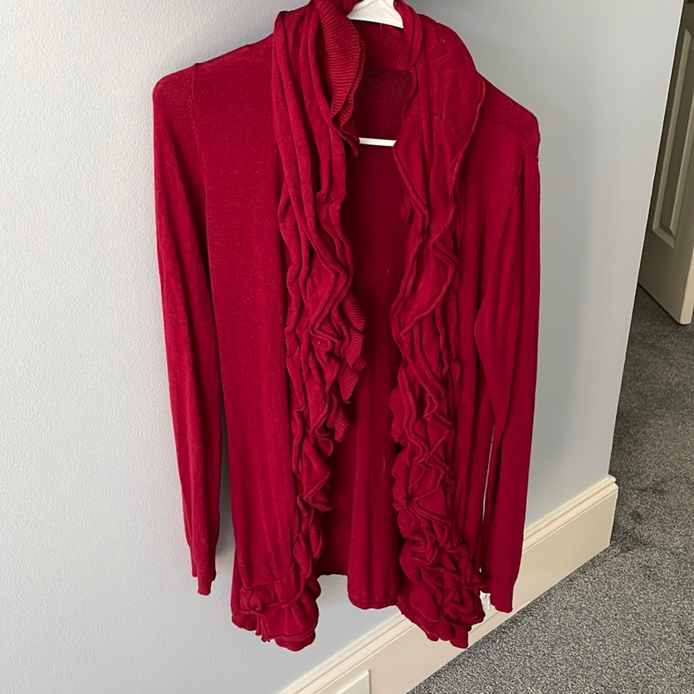 Red ruffled collar cardigan sweater. Size L.